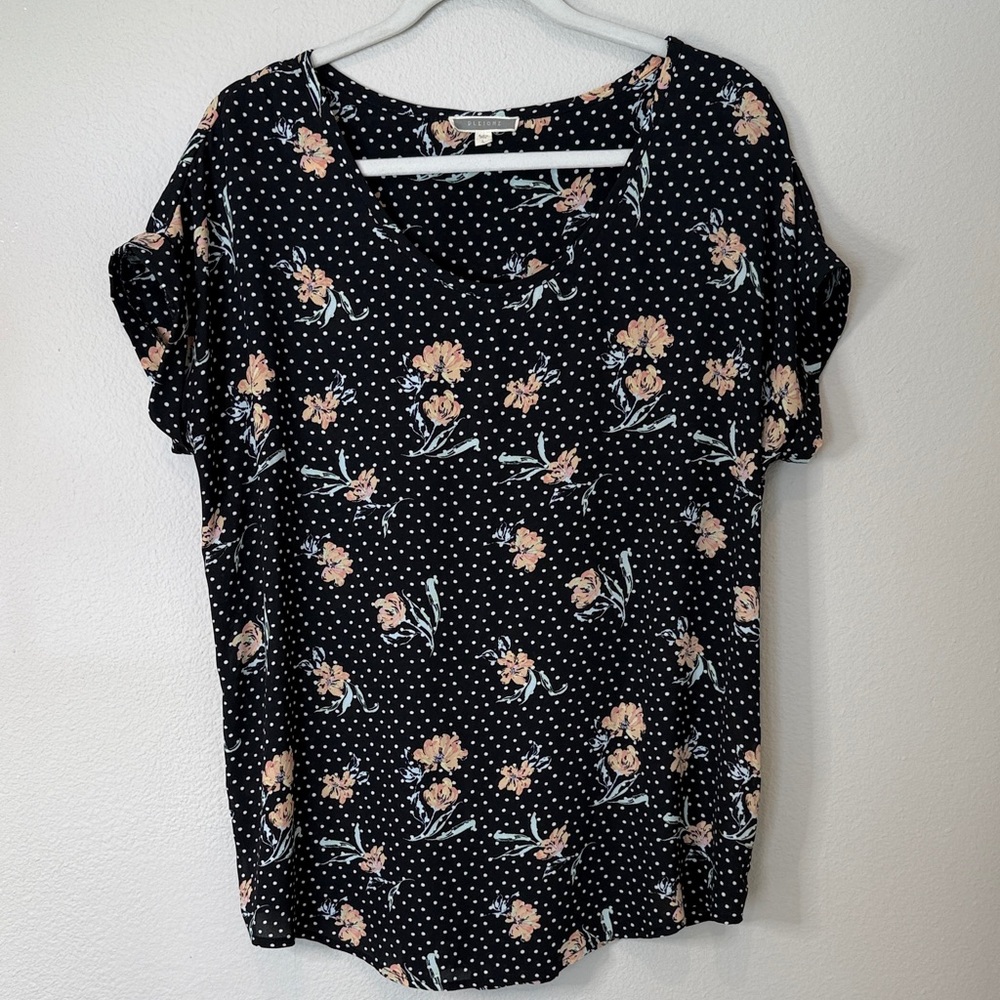 Pleione Black Short Sleeve Tee with Peach Floral & White Polka Dots